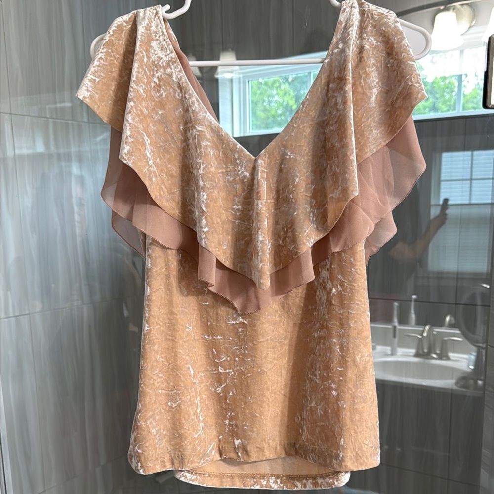 White House Black Market Velvet Flounce Top. Elegant Tan Ruffle Women's Top